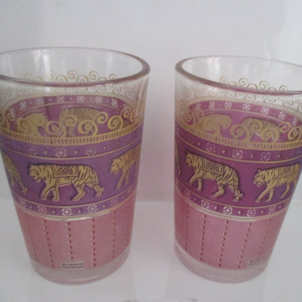 Purple and Gold Tigers Vintage Small Juice Glasses set of 2 Circus theme